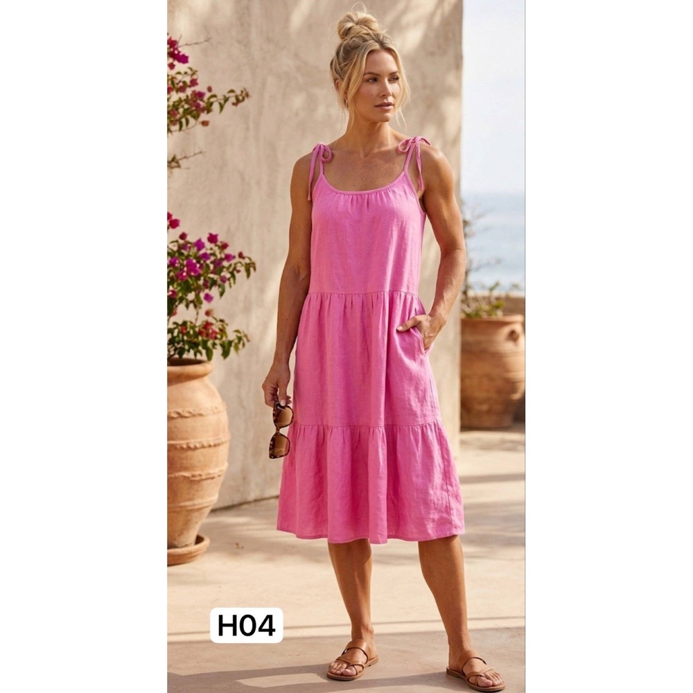Honorine Pink 100% Linen Tiered Midi Dress Tie Strap Luxury Resort Pockets Sz XS